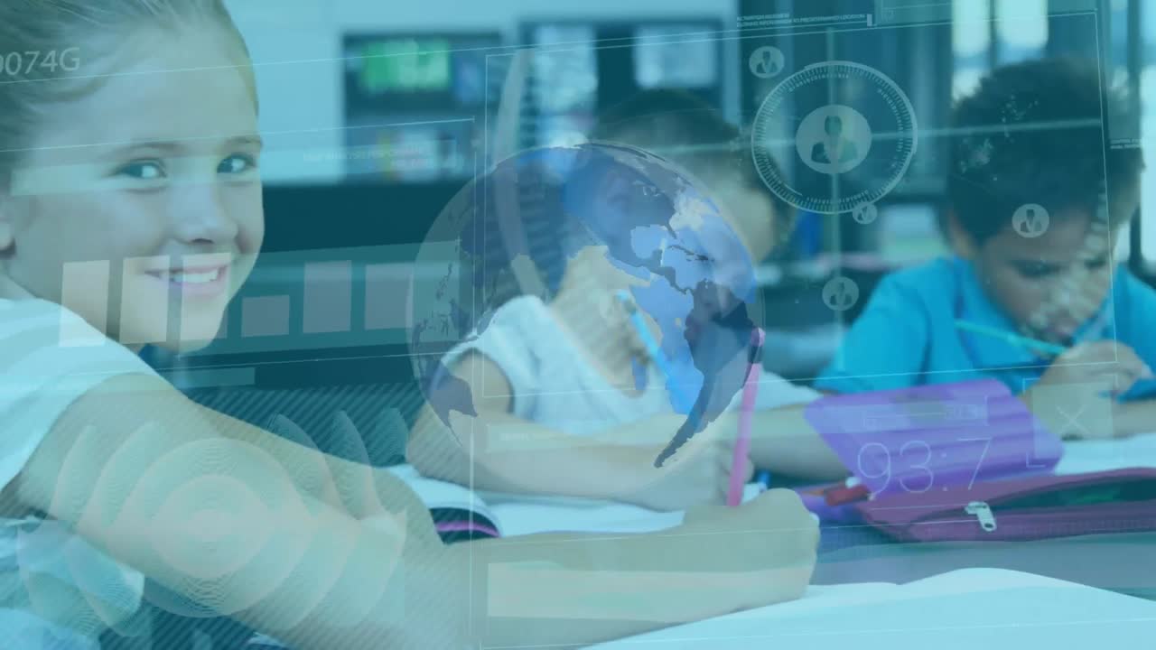 animación del globo y procesamiento de datos sobre un grupo de estudiantes diversos que estudian en clase en la escuela