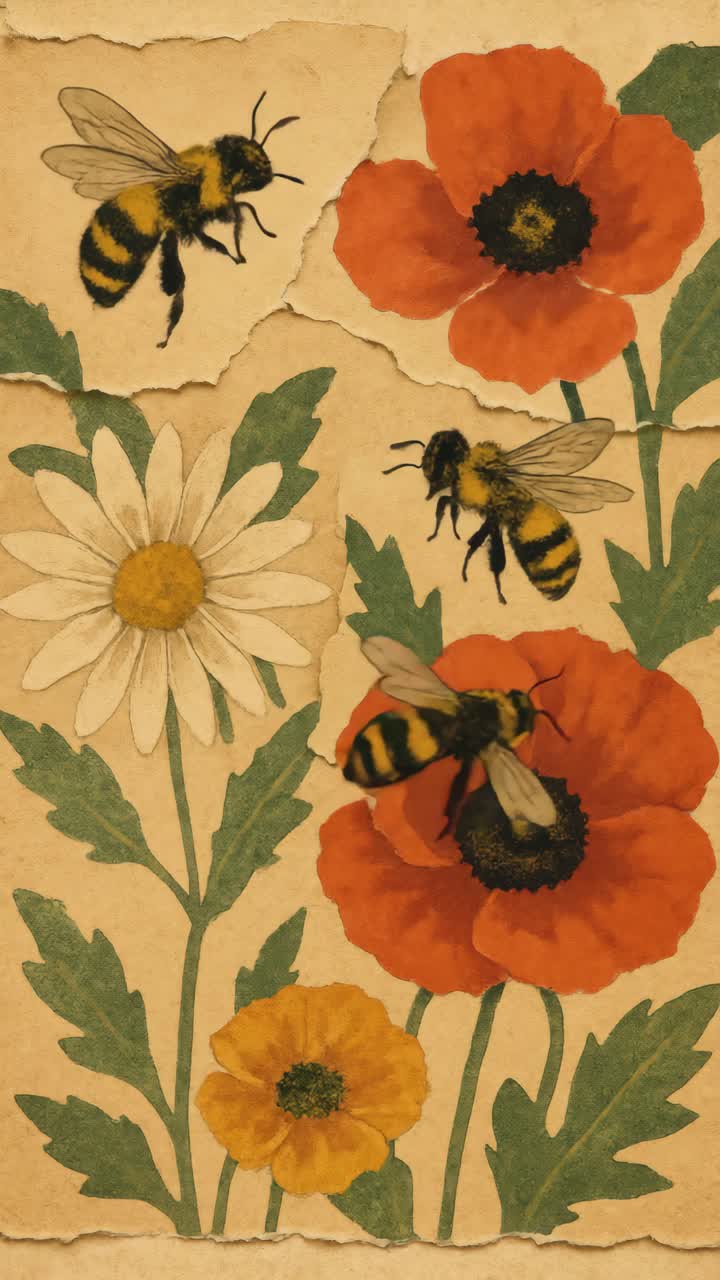 Collage vintage de abejas y flores, capturado desde un ángulo cenital