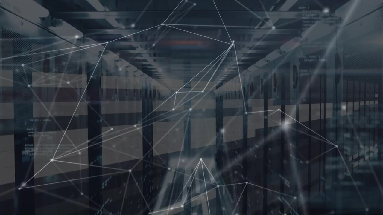 Animation of network of connections and data processing over server room