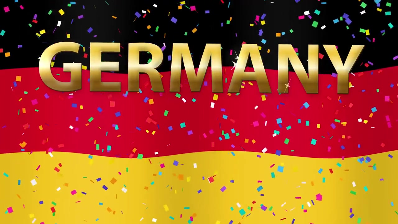 Bandiera della Germania che sventola con coriandoli in caduta e testo in sovrimpressione.
