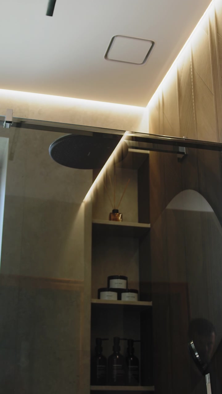 Bagno contemporaneo con box doccia elegante, illuminazione incassata e mensole organizzate che espongono.
