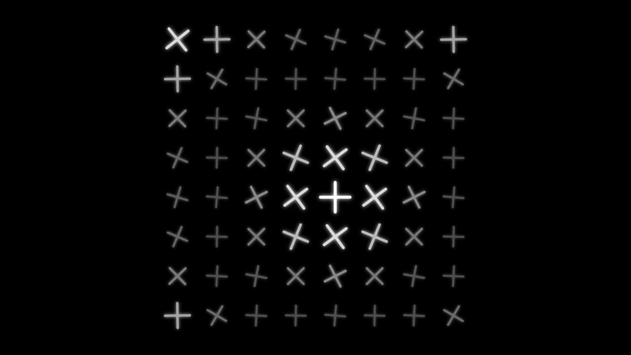 Abstract Grid of Pulsing White Plus Signs on Black Background