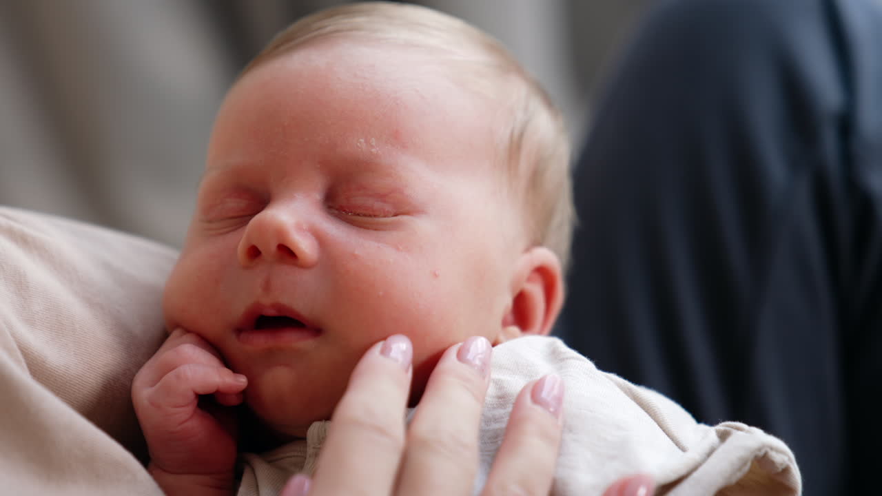 Adorable newborn sleeping tight in mother's hands. Mom's hand strokes tender baby cheek. Close up.