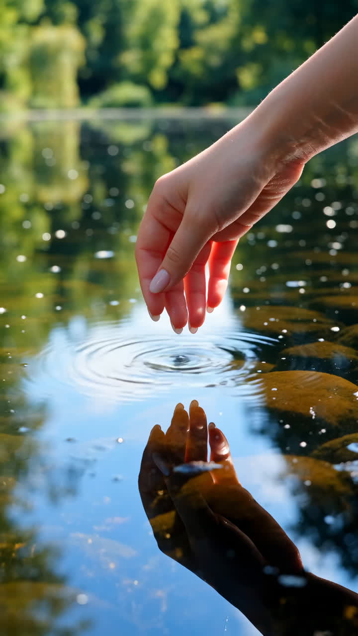Hand Touching Water Surface with Reflection and Ripples