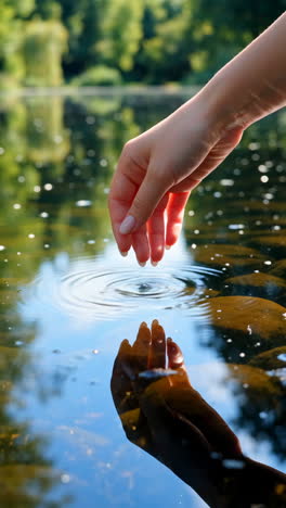 hand touching water surface with reflection and ripples