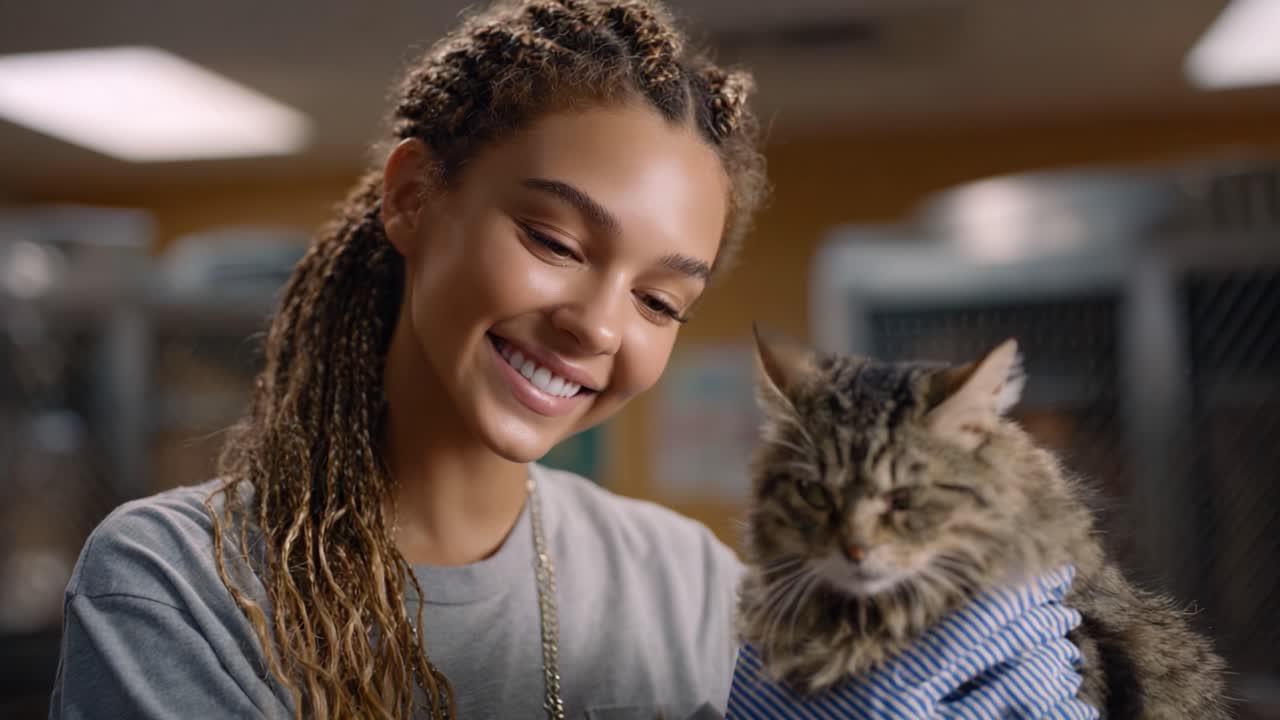 Moments de joie et de connexion : une jeune femme et son adorable chat partagent des moments d’affection dans un cadre réconfortant qui met en valeur le lien entre les humains et les animaux de compagnie