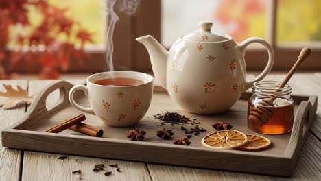 A Cozy Tea Experience: Aromatic Steam Rising from a Cup Next to a Beautifully Designed Teapot and Honey Jar, Surrounded by Spices and Dried Citrus Adds Warmth to the Scene