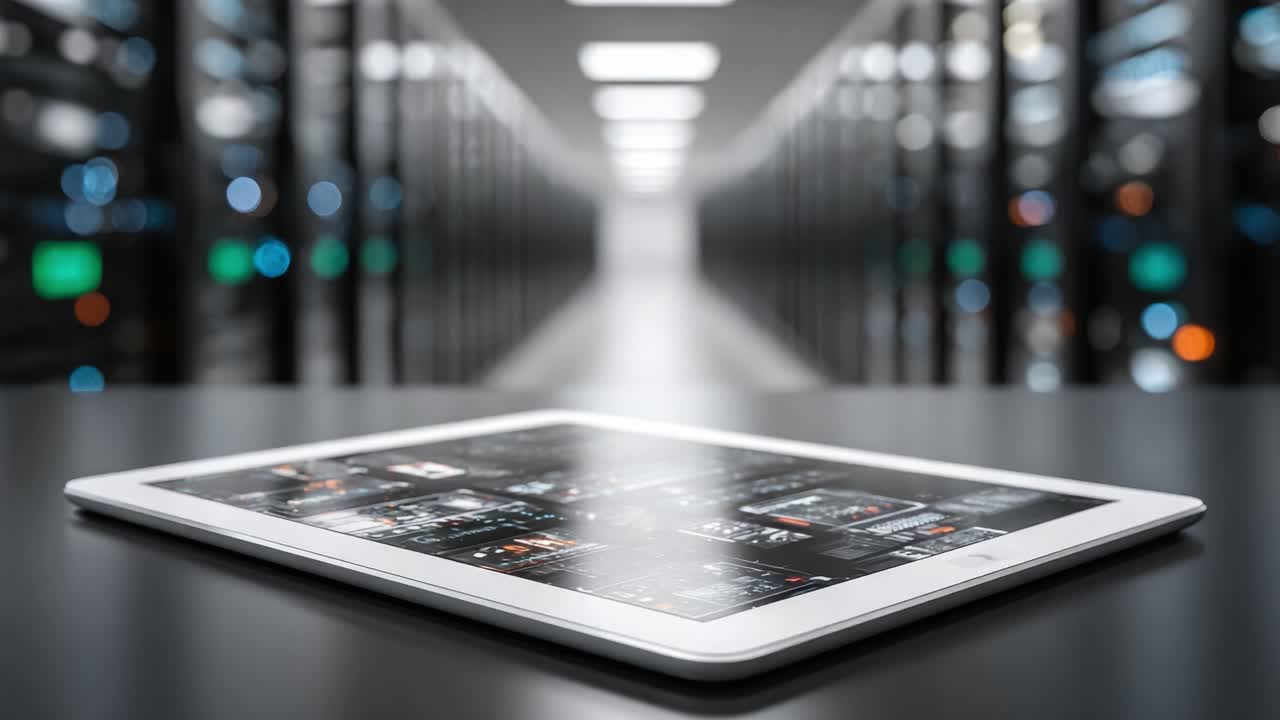 A Modern Data Management Hub: A Sleek Tablet Displaying Data Insights Amidst a High-Tech Server Room Interior