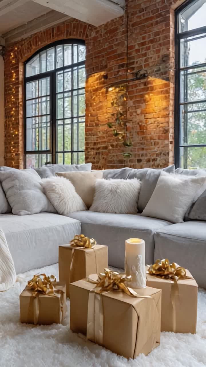 Un soggiorno accogliente con divano grigio chiaro, regali festivi incartati ed elegante illuminazione calda, perfetto per celebrazioni e occasioni speciali