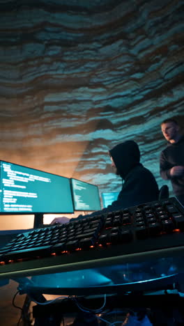 hackers or developers working on computers in a dark room