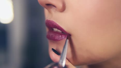 unrecognizable professional makeup artist using special brush to apply lipstick on model's lips working in beauty fashion