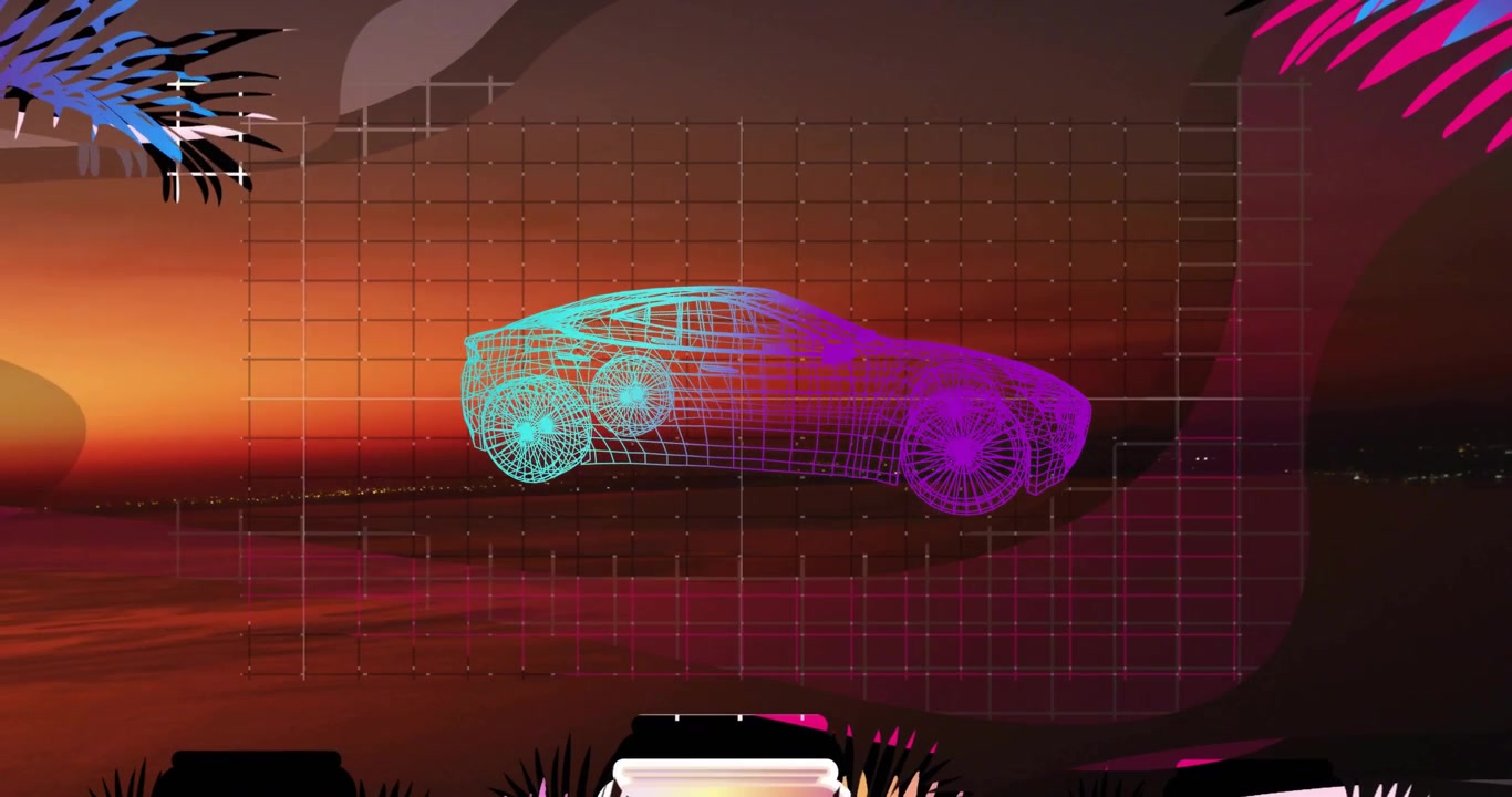 On playback wireframe car rotating over sunset sea, grid HUD revealing wheels for automotive design