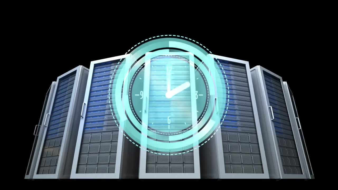 Animation of clock moving fast over computer servers