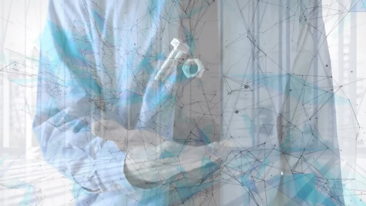 비즈니스맨이 도시를 가로질러 견과류와 볼트를 던지고 잡는 네트워크의 애니메이션