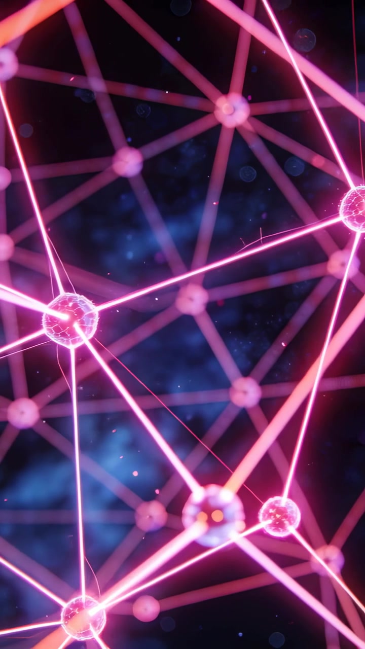 Neon lattice pulsing and sparking while camera panning, highlighting tech visuals for designers