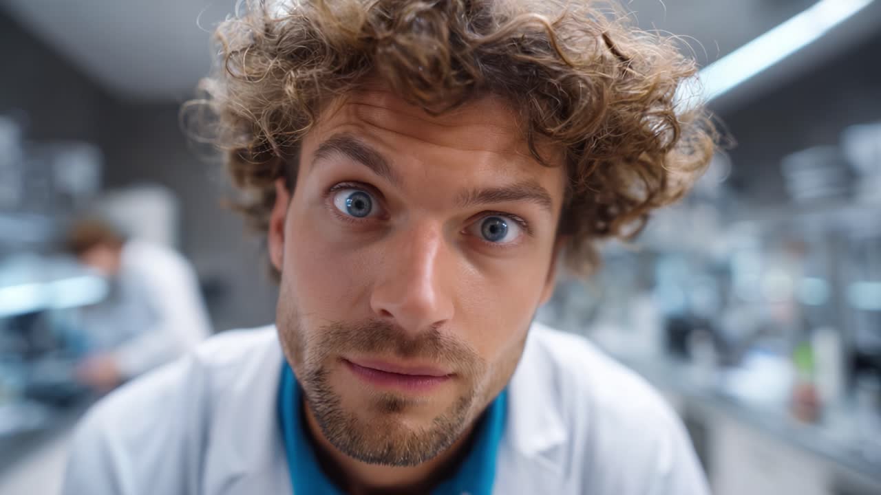 Uno scienziato in camice da laboratorio guarda intensamente nella fotocamera con capelli ricci e spettinati e un'espressione accattivante, mostrando curiosità e passione per la scoperta