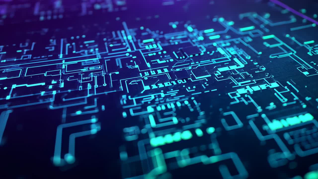 Camera panning across neon circuit board in digital space after opening, revealing data flow