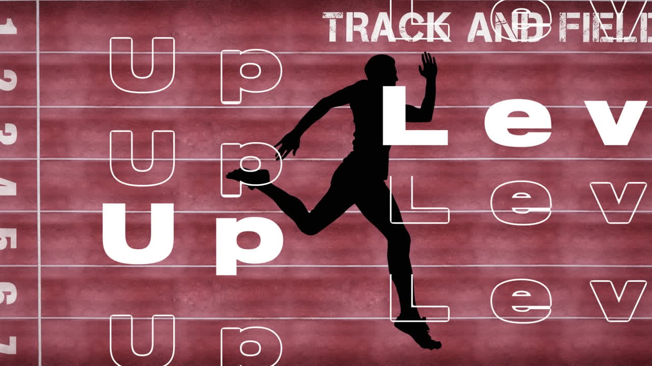 Animation of words level up over words track and field and runner silhouette on sports track