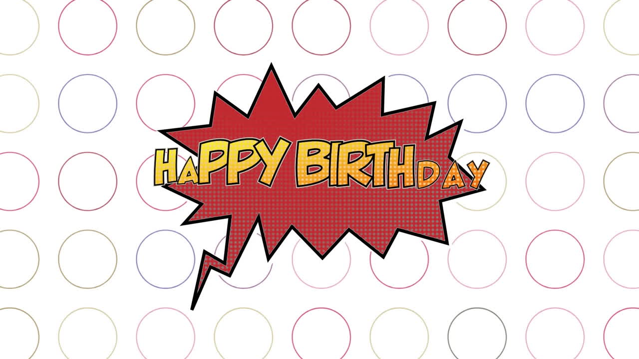 animación de feliz cumpleaños texto amarillo en retro burbuja de habla roja sobre filas de círculos en blanco