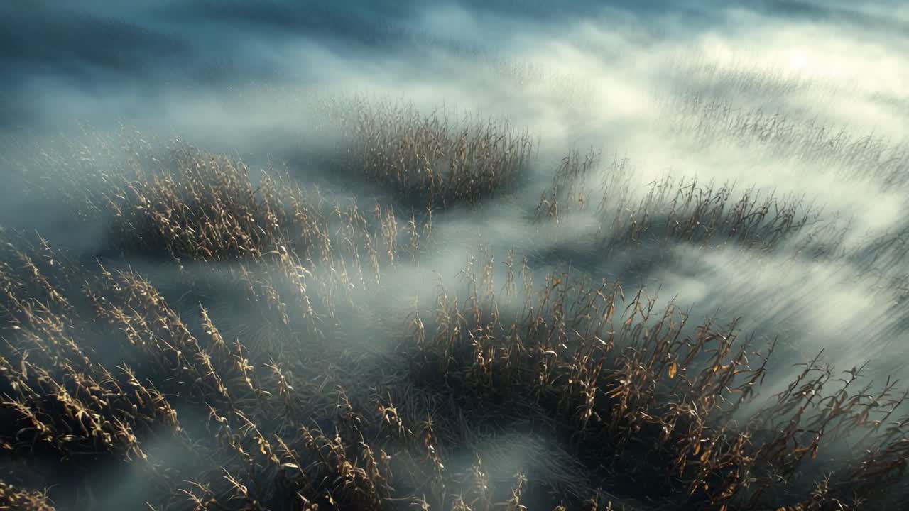 Misty Landscape: Enigmatic Cornfield Under Ethereal Fog Capturing Nature’s Mysterious Beauty in a Serene and Tranquil Setting