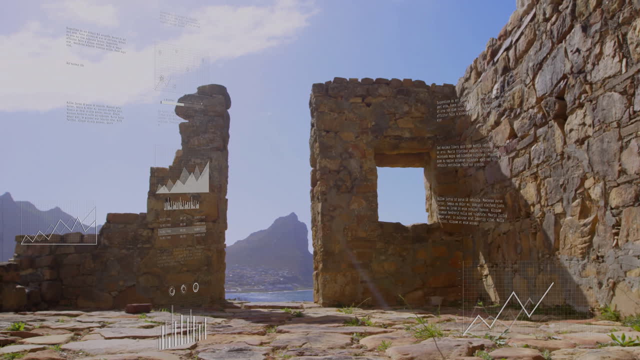 Ancient stone ruins with data graphs and charts animation overlay