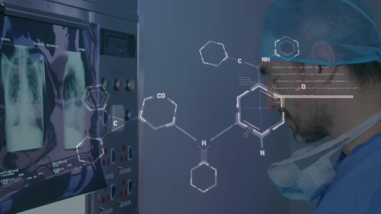 Analyzing X-ray, medical professional observing chemical structure animation overlay