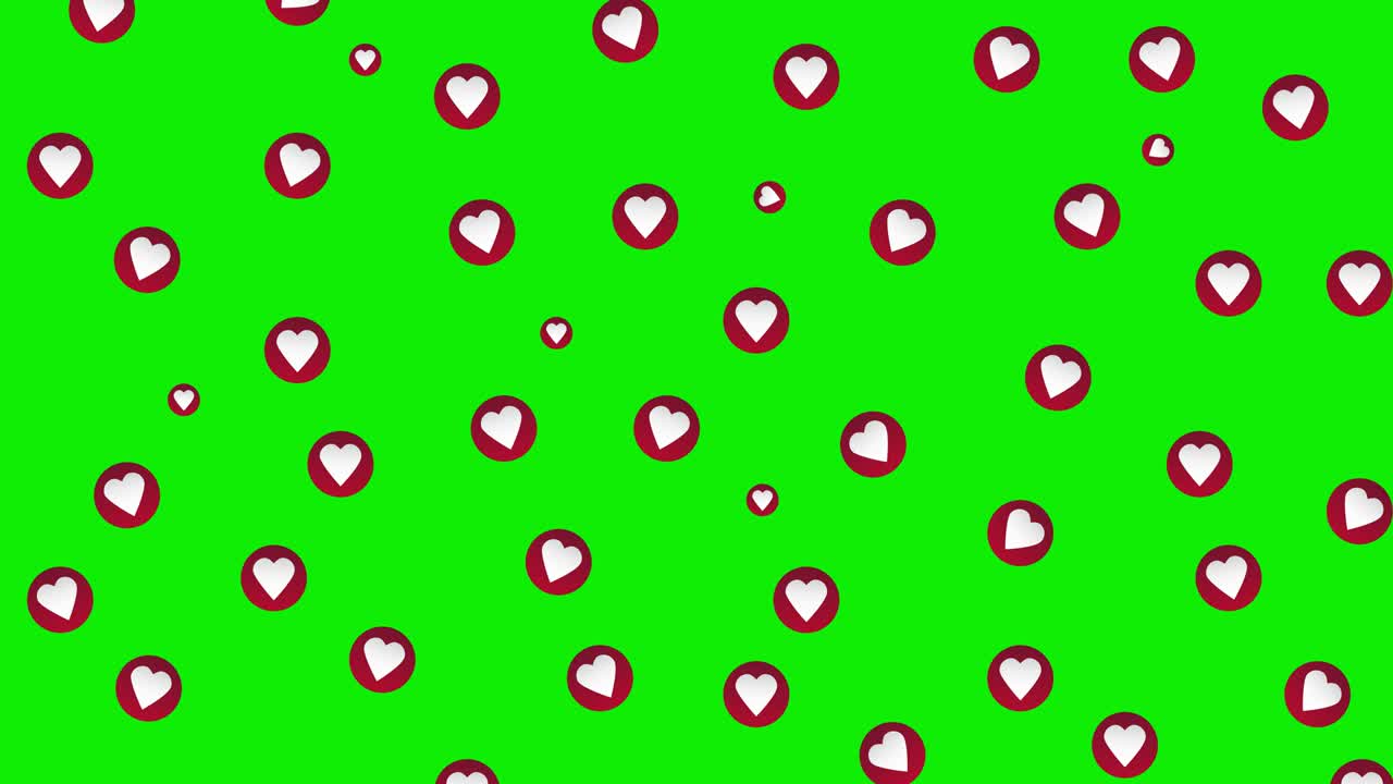 Social media video emoticon overlays flowing down. Social nets - red heart floating web icons. Green screen for easy keying.