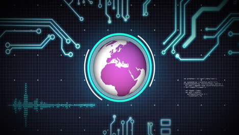 animation of globe, circuit board, data processing over grid