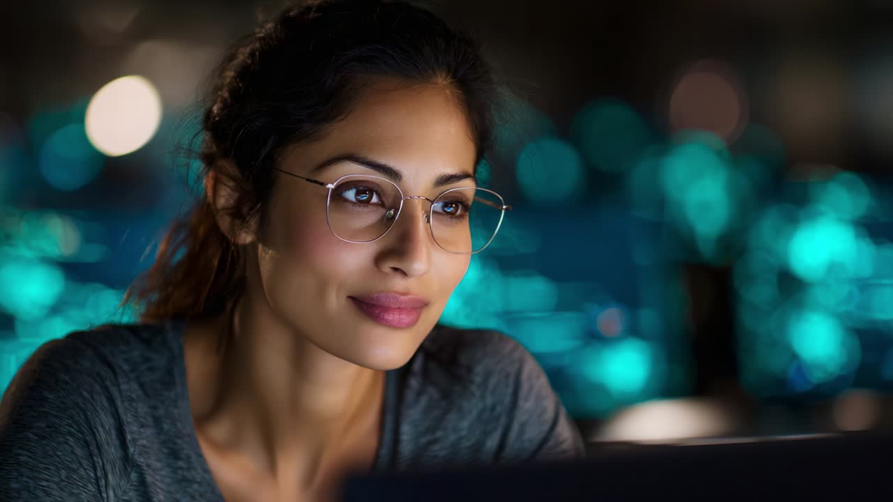 A focused and contemplative woman wearing glasses is immersed in her work at a computer, surrounded by a soft glow from multiple screens, capturing a serene moment of productivity and deep thought