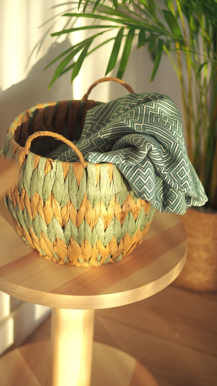 Woven Basket with Green Patterned Blanket and Houseplant in Sunlight