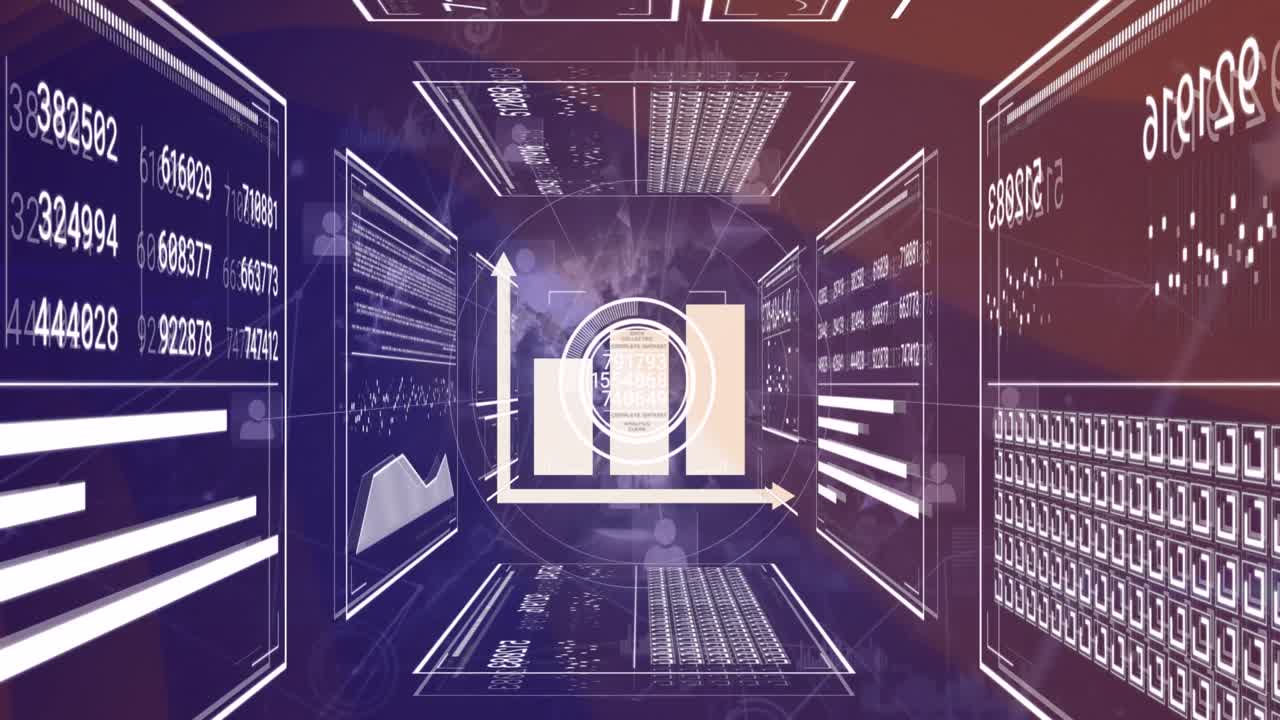 Animation of bar graph icon over interface with data processing against network of connections