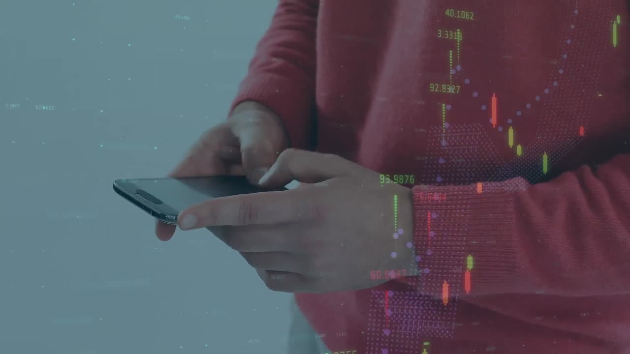 animación del procesamiento de datos financieros sobre el hombre utilizando un teléfono inteligente