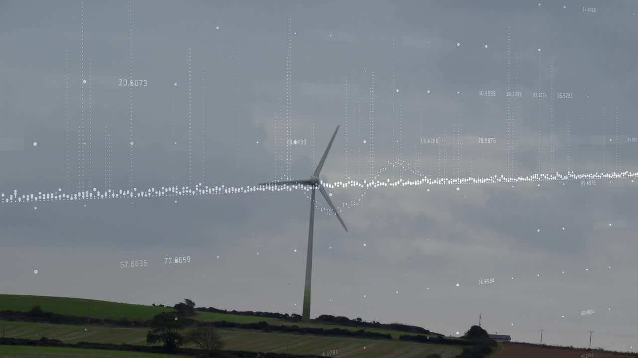 푸른 언덕에 있는 풍력 터빈과 구름이 가득한 하늘에 있는 데이터 처리 애니메이션