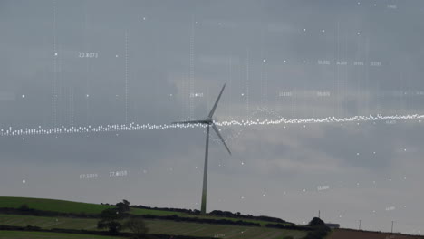 turbina eólica en colinas verdes con animación de procesamiento de datos sobre el cielo nublado