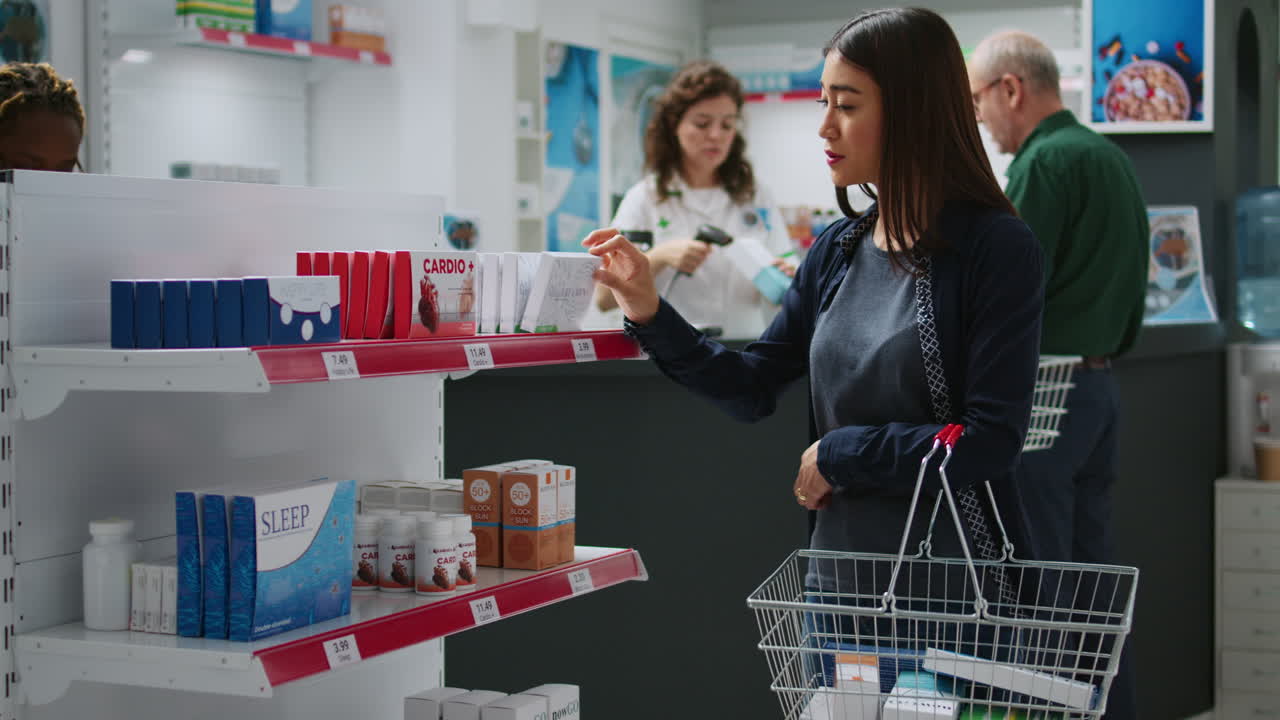 Woman Shopping for Medications in a Pharmacy