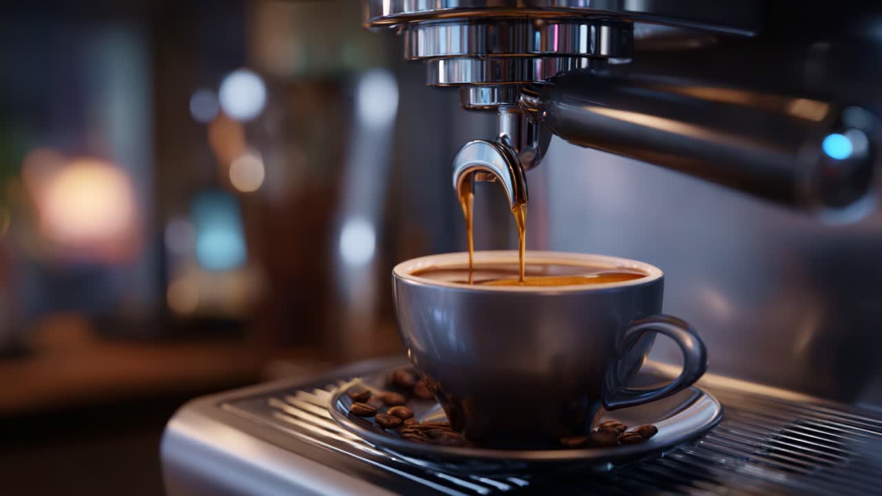 Un ricco caffè espresso si versa elegantemente in una tazza di ceramica, mostrando il processo di preparazione e catturando l'essenza di una scena perfetta di preparazione del caffè