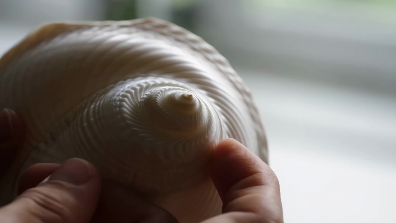 Midpoint frame shows hands cradling a textured seashell in soft natural light