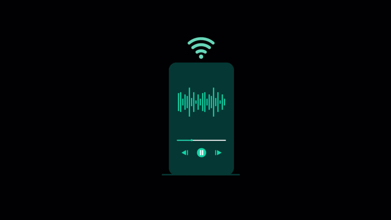 Smartphone animato che riproduce audio con segnale wireless.