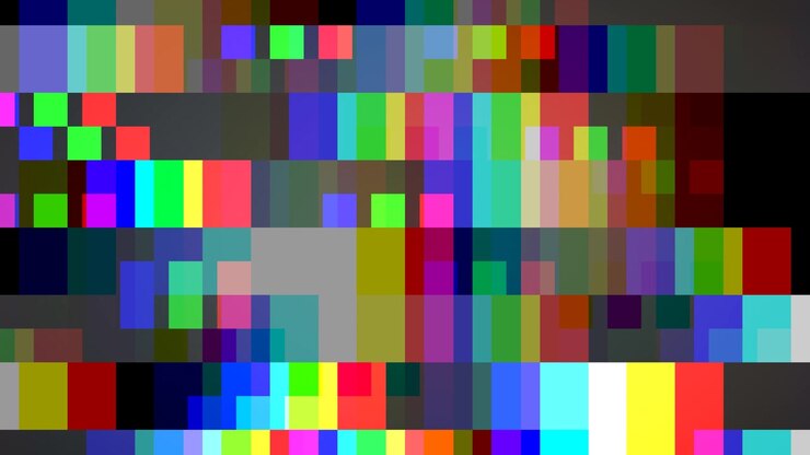 vibrant abstract glitch background animation, geometric digital colorful pixelated patterns and distorted signal effects