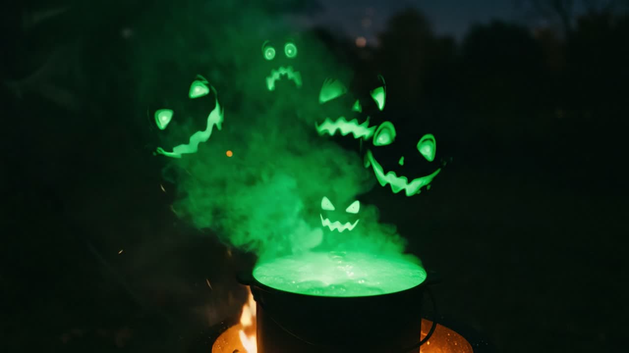 Eerie Green Cauldron with Floating Jack-O'-Lanterns: A Spooky Halloween Scene Filled with Mystery and Magic