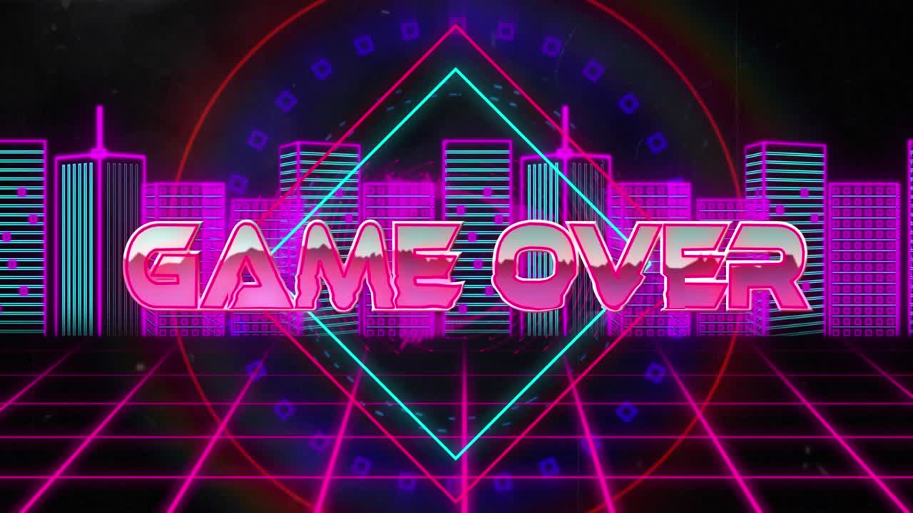 Animazione di un banner con testo "game over" sopra uno scanner rotondo, su sfondo di un modello di città 3D al neon su sfondo nero