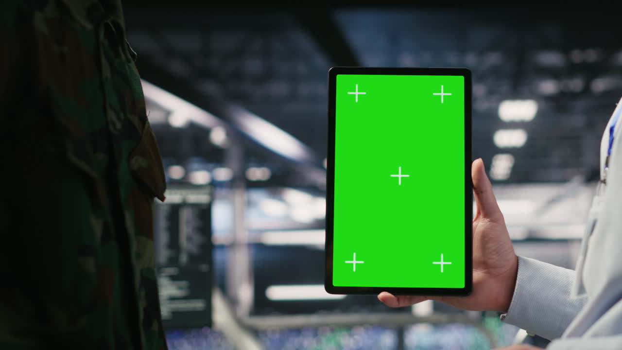 Military technicians in data center use green screen mockup tablet