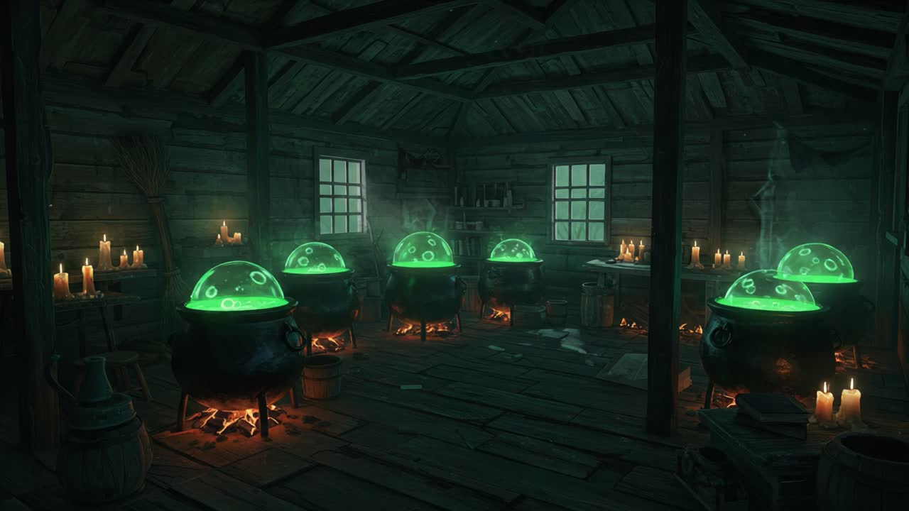 A Mysterious Alchemist's Workshop: Enigmatic Cauldrons Bubbling with Green Elixir Surrounded by Flickering Candles in a Dimly Lit Wooden Cabin