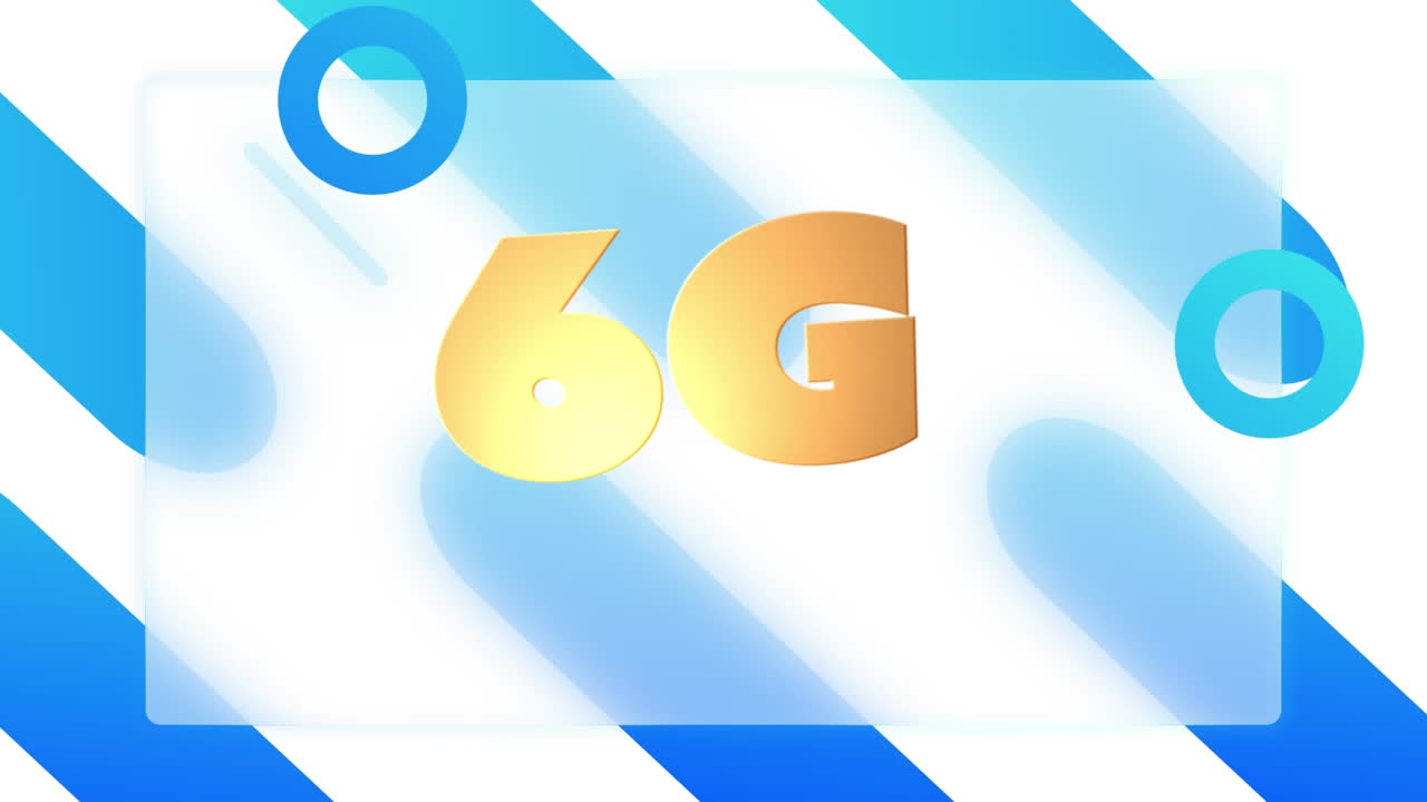 Animation of gold text 6g, with blue circles floating, on diagonal blue and white stripes