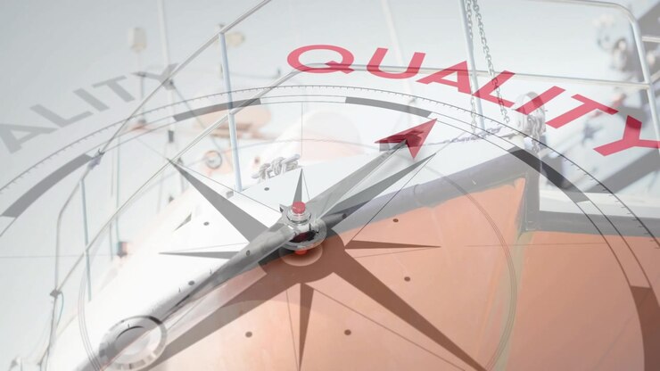 Compass needle detecting offset, rotating clockwise under curved QUALITY text to guide navigation