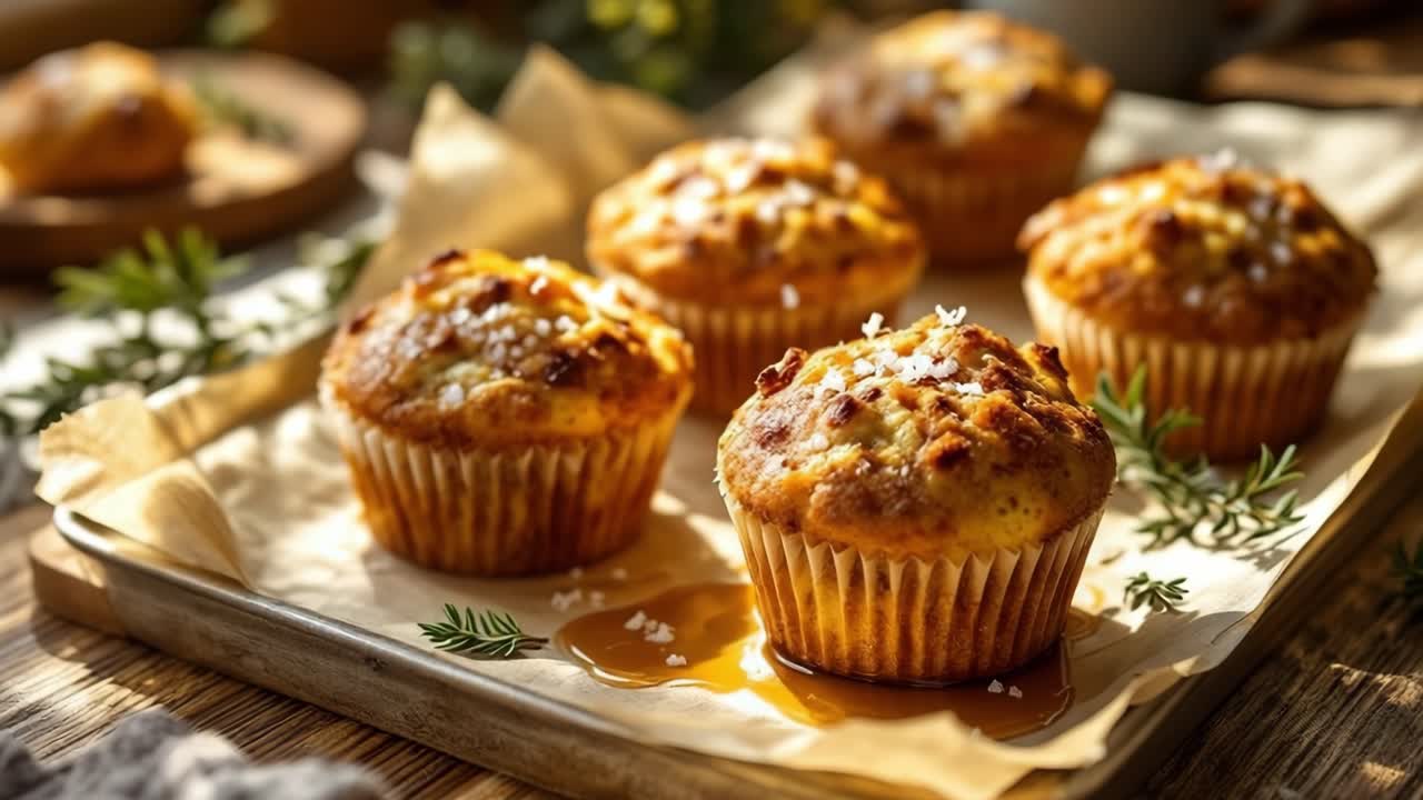 Freshly baked muffins arranged on a wooden tray, garnished with herbs and drizzled with syrup, create a warm and inviting atmosphere in a cozy kitchen, showcasing delicious baked goods