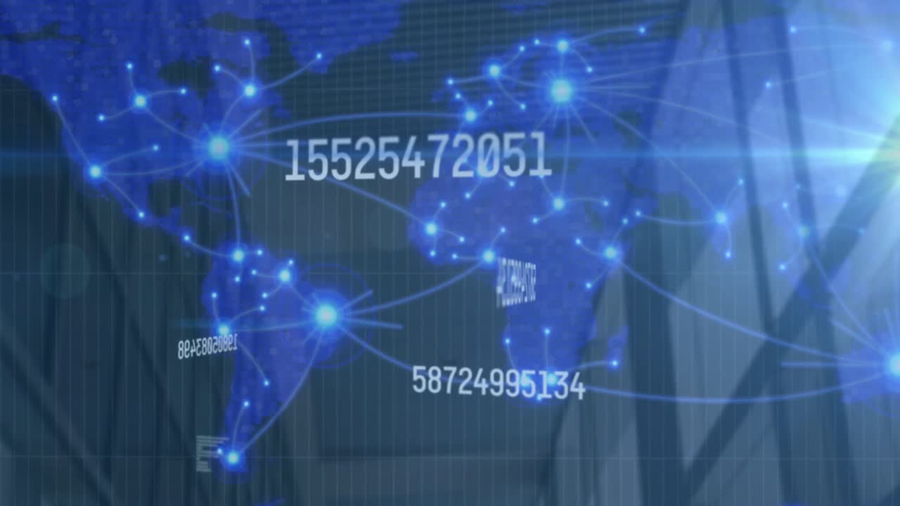 유리 창문의 낮은 각도 시야에 대한 지도에서 연결된 점 위에 변하는 숫자의 애니메이션