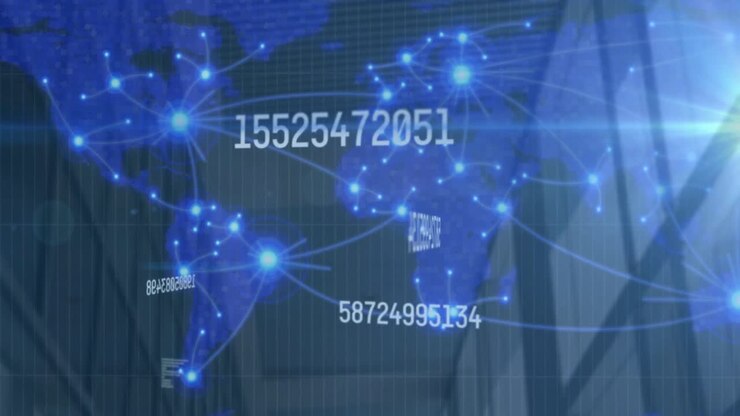 Animation of changing numbers over connected dots on map against low angle view of glass windows