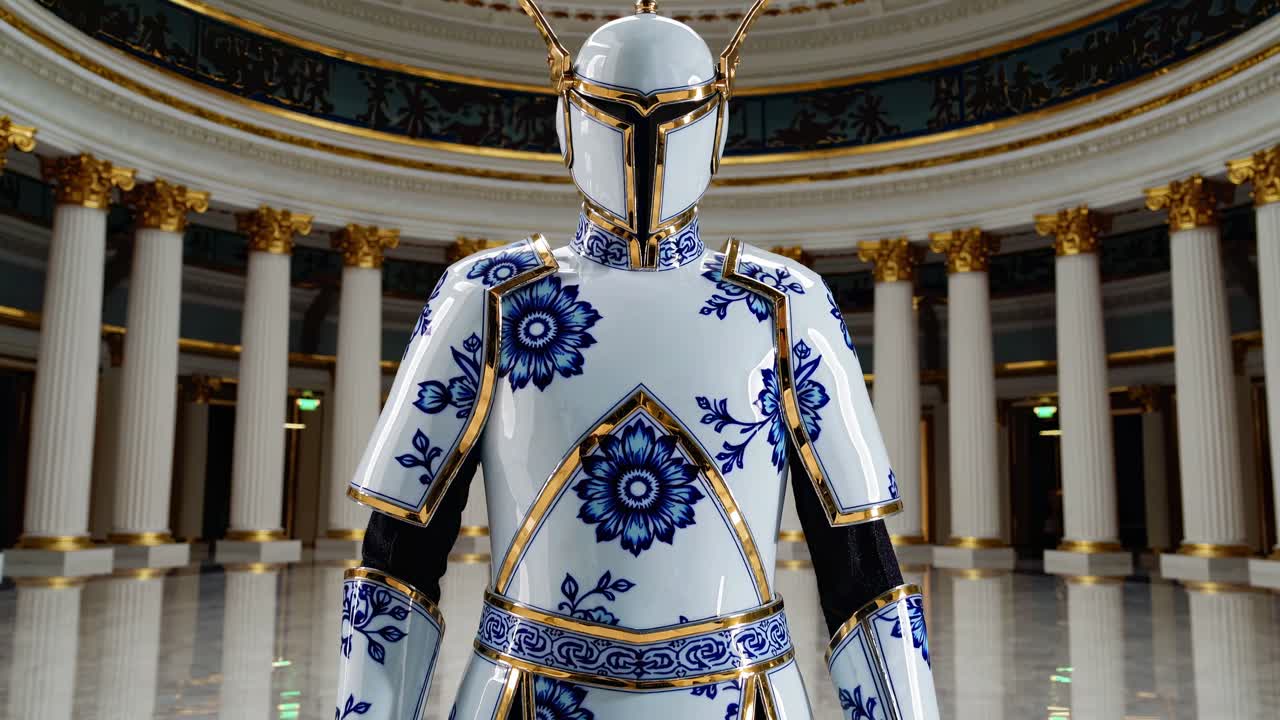 Knight in Chinese Porcelain-Patterned Armor in a Grand Hall