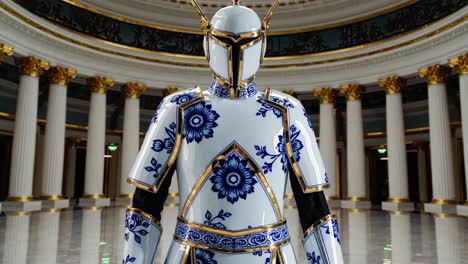 knight in chinese porcelain-patterned armor in a grand hall